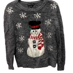 Black Rivet‎ snowman medium weight Fuzzy sweater. Snowflakes Size S washable